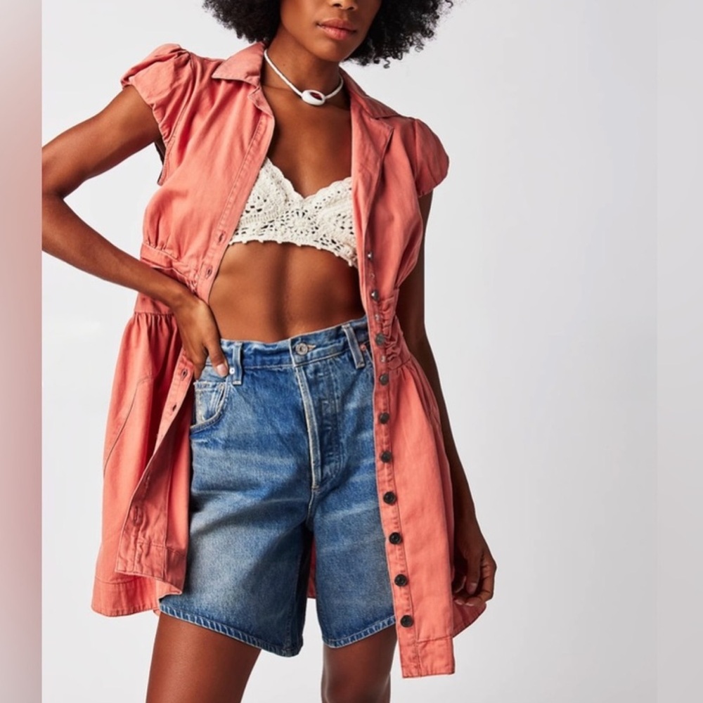 FREE PEOPLE Denim Boho Mini Shirt Dress M Fit & Flare Summer Festival Beach - Picture 6 of 16
